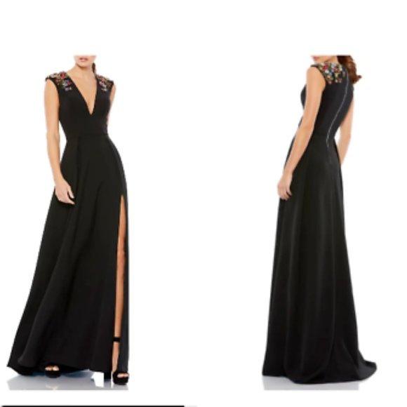 MAC DUGGAL PLUGE NECK EMPIRE WAIST EMBELLISHED SLEEVE THIGH SLIT BLACK GOWN 8 - Picture 4 of 4